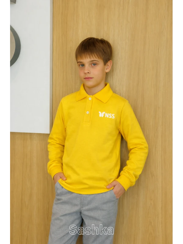 Поло для хлопчика з довгим рукавом жовте з логотипом школи NSS, розмір 116-188